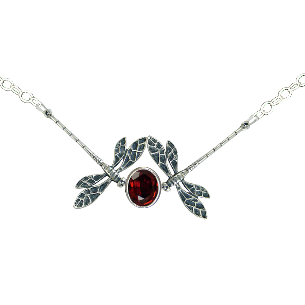Sterling Silver Dancing Dragonflies Necklace With Garnet